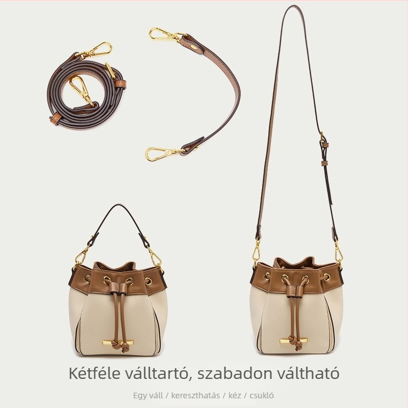 Női valódi bőrből készült bucket táska, bucket-stílusú crossbody, szalag-zárás, belső zsebek: cipzáras zseb, telefonzseb, ID zseb, dupla cipzáras zseb, 2025 nyár