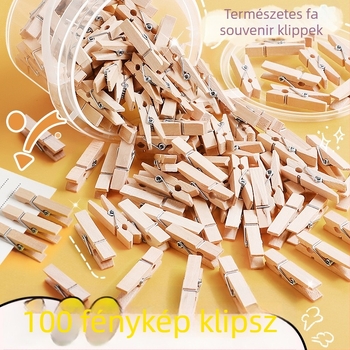 Fából készült fotóklipszek, téglalap alakúak, 100 darabos készlet, kenderzsinóros címkékkel
