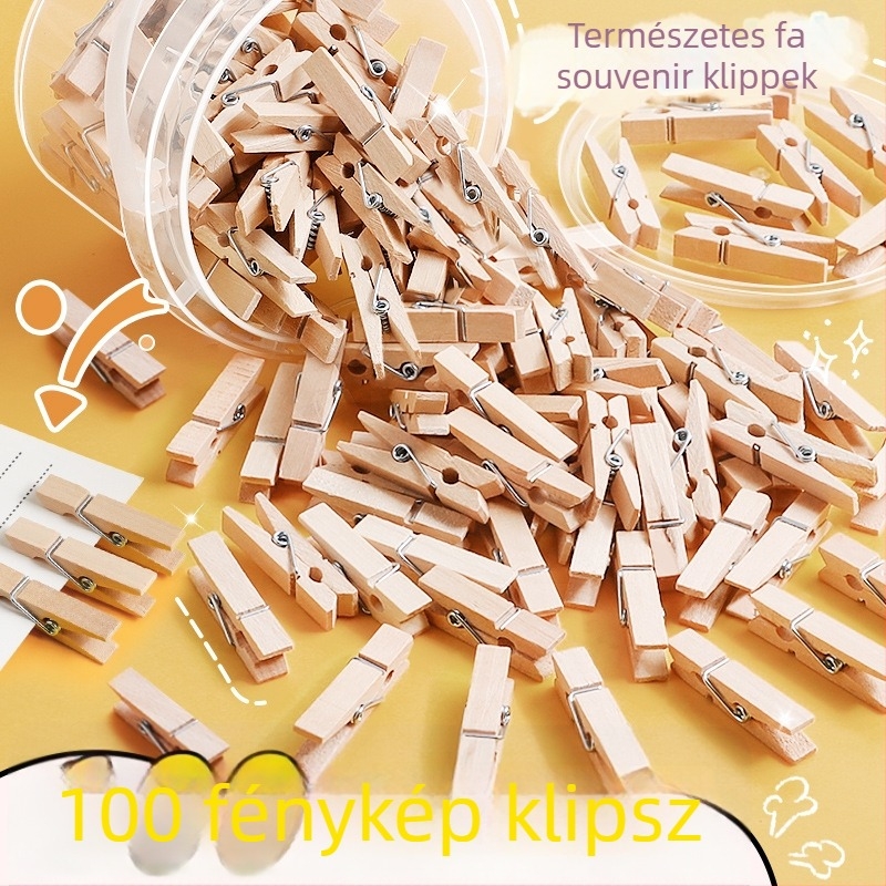 Fából készült fotóklipszek, téglalap alakúak, 100 darabos készlet, kenderzsinóros címkékkel