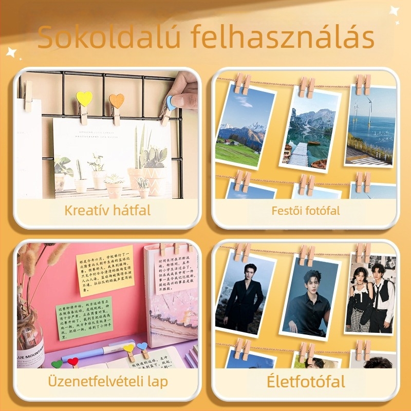 Fából készült fotóklipszek, téglalap alakúak, 100 darabos készlet, kenderzsinóros címkékkel