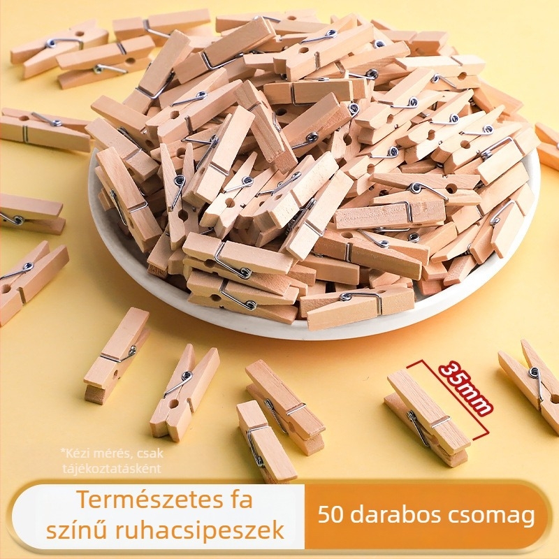 Fából készült fotóklipszek, téglalap alakúak, 100 darabos készlet, kenderzsinóros címkékkel