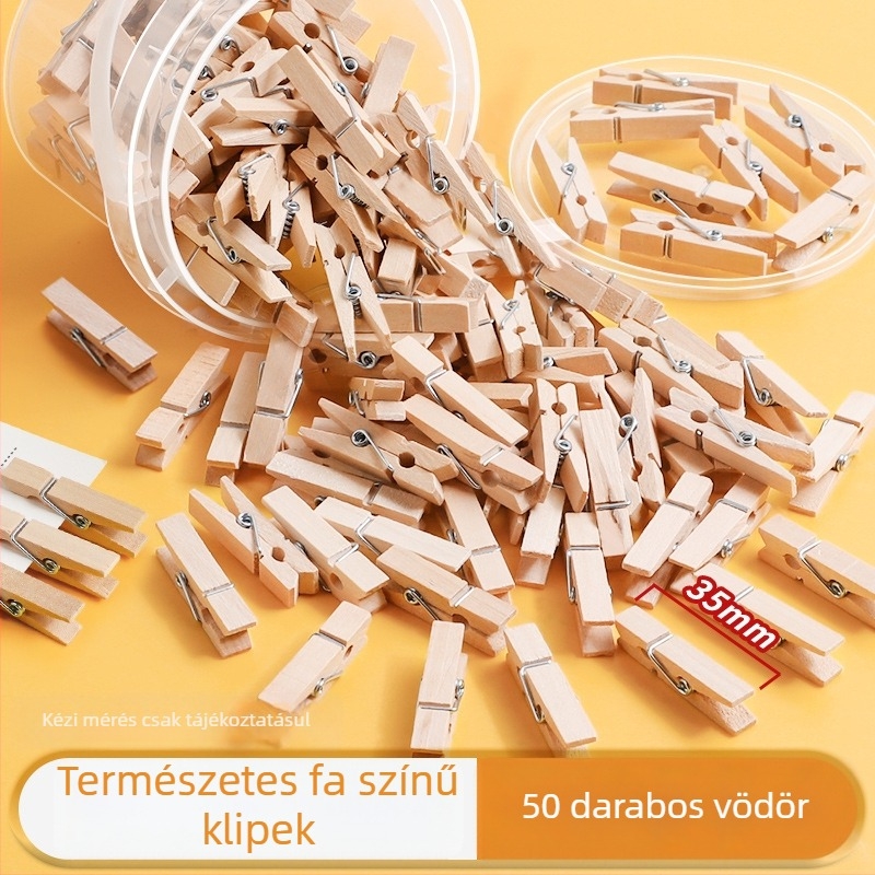 Fából készült fotóklipszek, téglalap alakúak, 100 darabos készlet, kenderzsinóros címkékkel