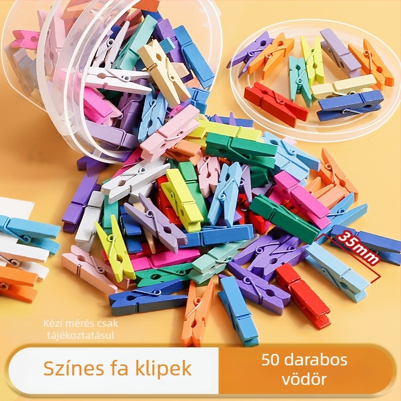 Fából készült fotóklipszek, téglalap alakúak, 100 darabos készlet, kenderzsinóros címkékkel