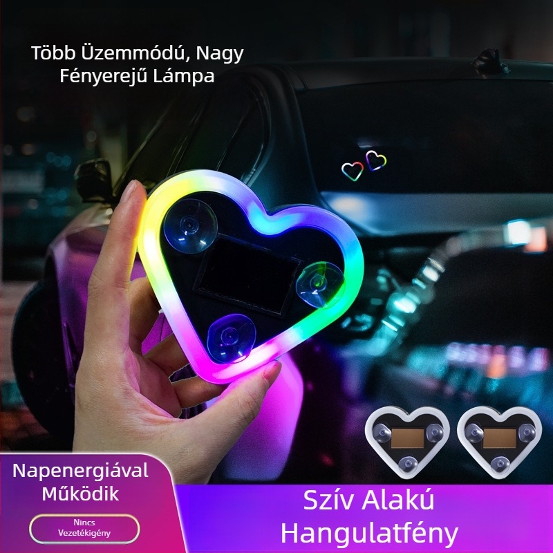 Szív alakú autó LED-lámpa, napelemes, vezeték nélküli dekoratív belső világítás és figyelmeztető fény, hátsó háromszög ablakhoz, szívókorongos rögzítés
