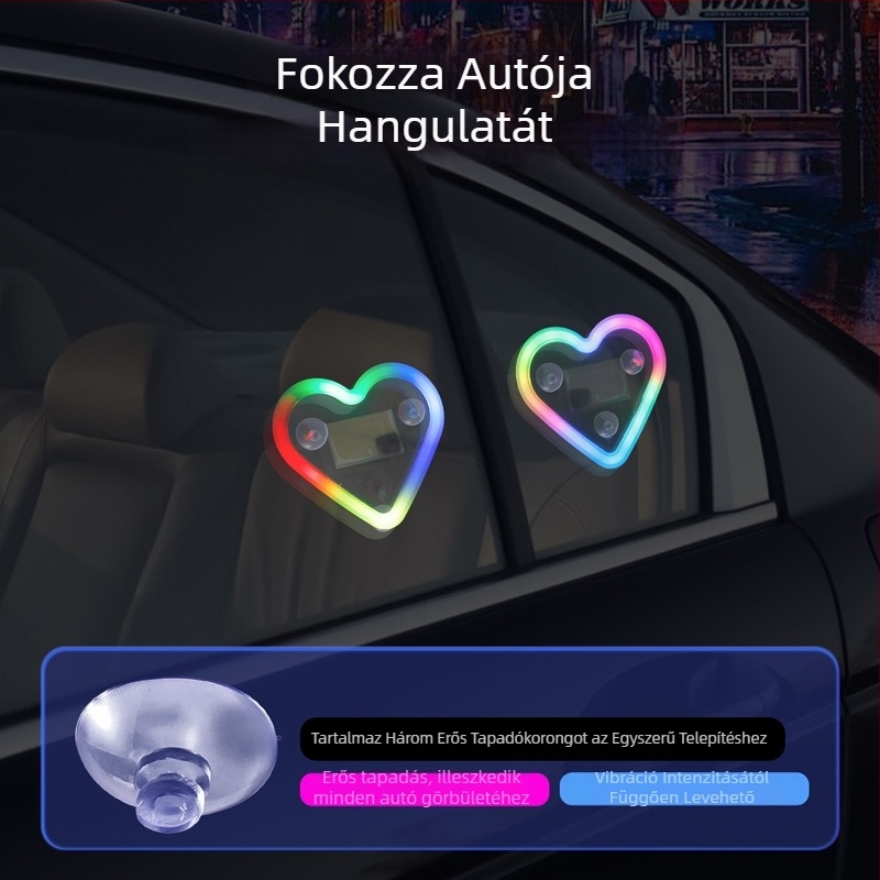 Szív alakú autó LED-lámpa, napelemes, vezeték nélküli dekoratív belső világítás és figyelmeztető fény, hátsó háromszög ablakhoz, szívókorongos rögzítés
