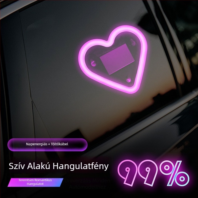 Szív alakú autó LED-lámpa, napelemes, vezeték nélküli dekoratív belső világítás és figyelmeztető fény, hátsó háromszög ablakhoz, szívókorongos rögzítés