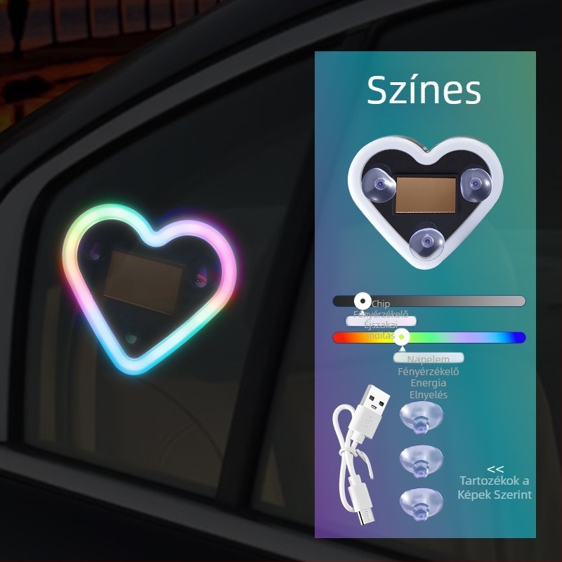 Szív alakú autó LED-lámpa, napelemes, vezeték nélküli dekoratív belső világítás és figyelmeztető fény, hátsó háromszög ablakhoz, szívókorongos rögzítés