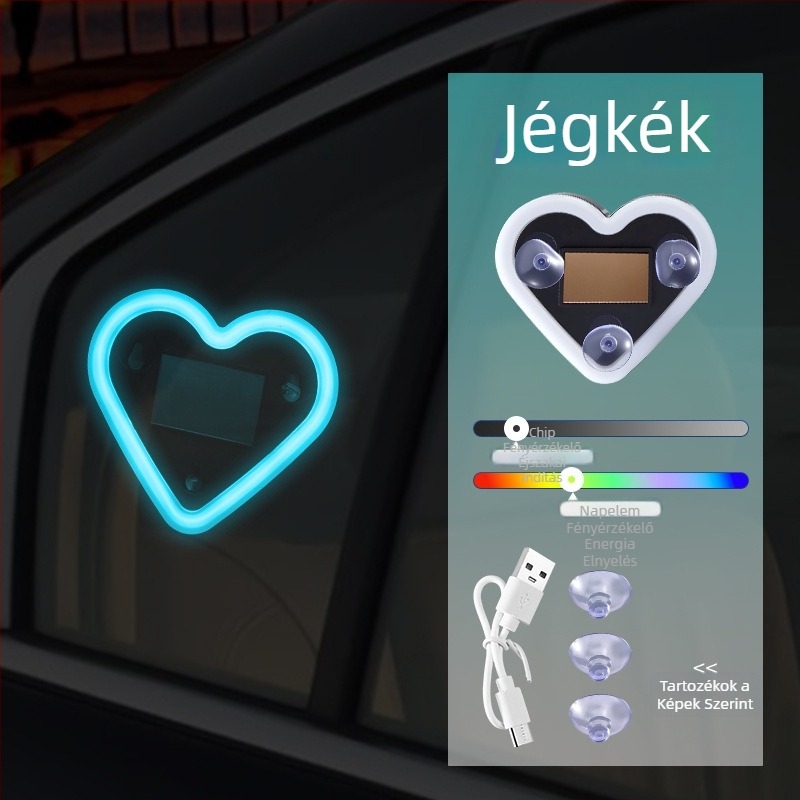 Szív alakú autó LED-lámpa, napelemes, vezeték nélküli dekoratív belső világítás és figyelmeztető fény, hátsó háromszög ablakhoz, szívókorongos rögzítés