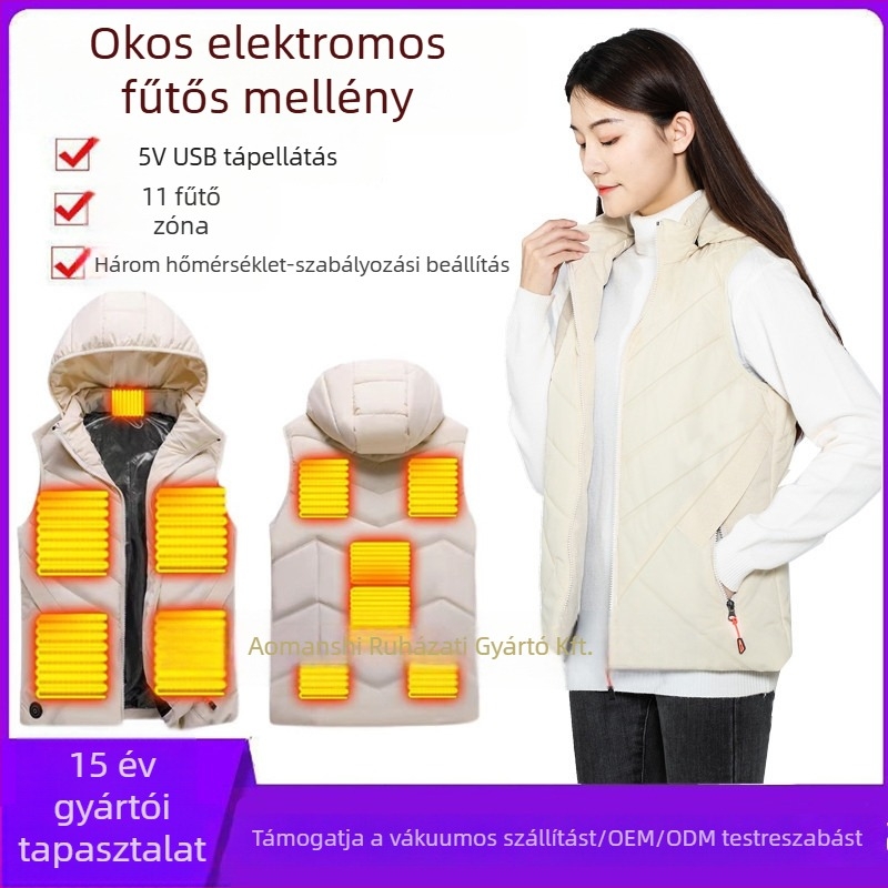 Okos fűtött mellény kapucnival, pehely-pamut töltet, poliészter anyag, karcsúsított szabás