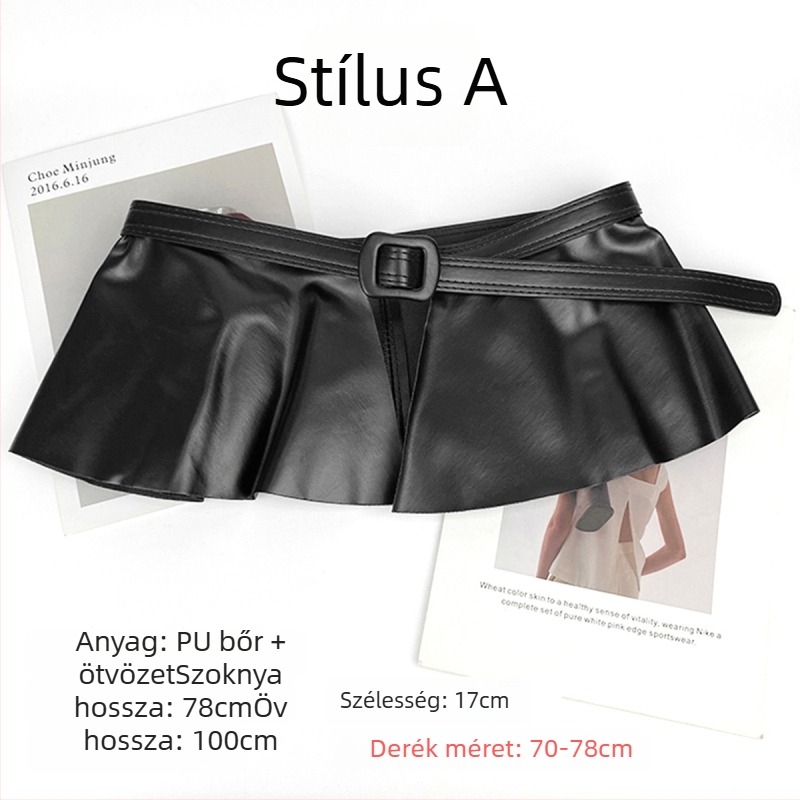 PU bőrszövet pliszált szoknya széles övvel, csattal, zárás tűcsattal, öv szélessége > 4 cm, All-Match stílus
