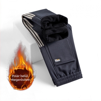 Férfi fleece-bundás kötött sportnadrág, normál szabás, cipzáras zárás, téli, pamutkeverék