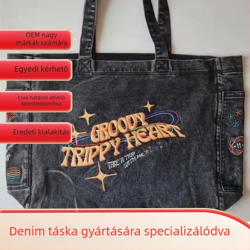 Denim városi táska, horizontálisan négyzetes formájú, cipzáros nyitás, belső zsebek telefonhoz és személyazonosító kártyához