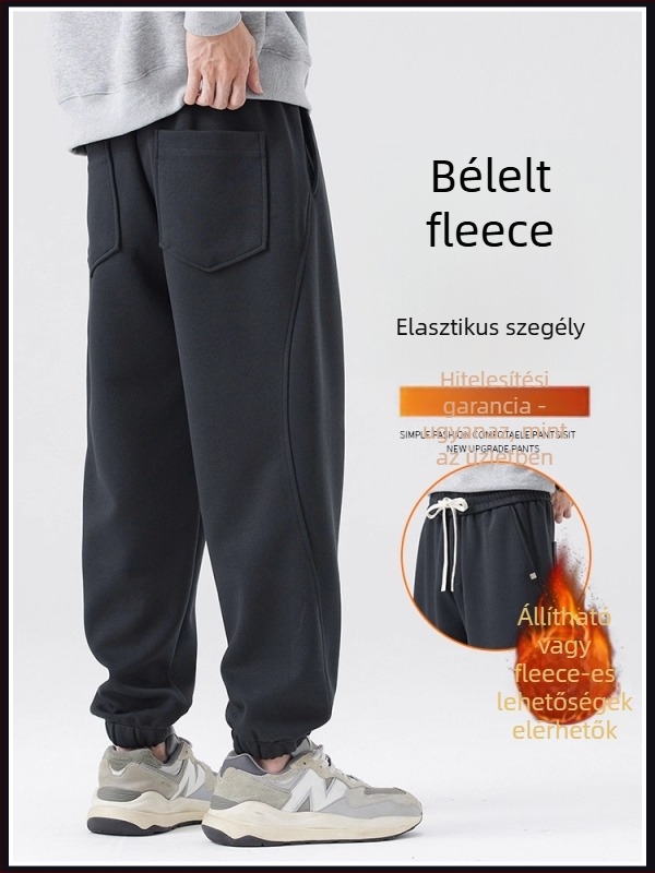 Férfi pamutból készült fleece-béléssel ellátott sportnadrág, egyenes szabású, középmagas derék, fűzős zárás, pamut