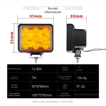 9-diódás LED figyelmeztető lámpa teherautókhoz, 12V, 7W, 0,6A, PC ház, vízálló