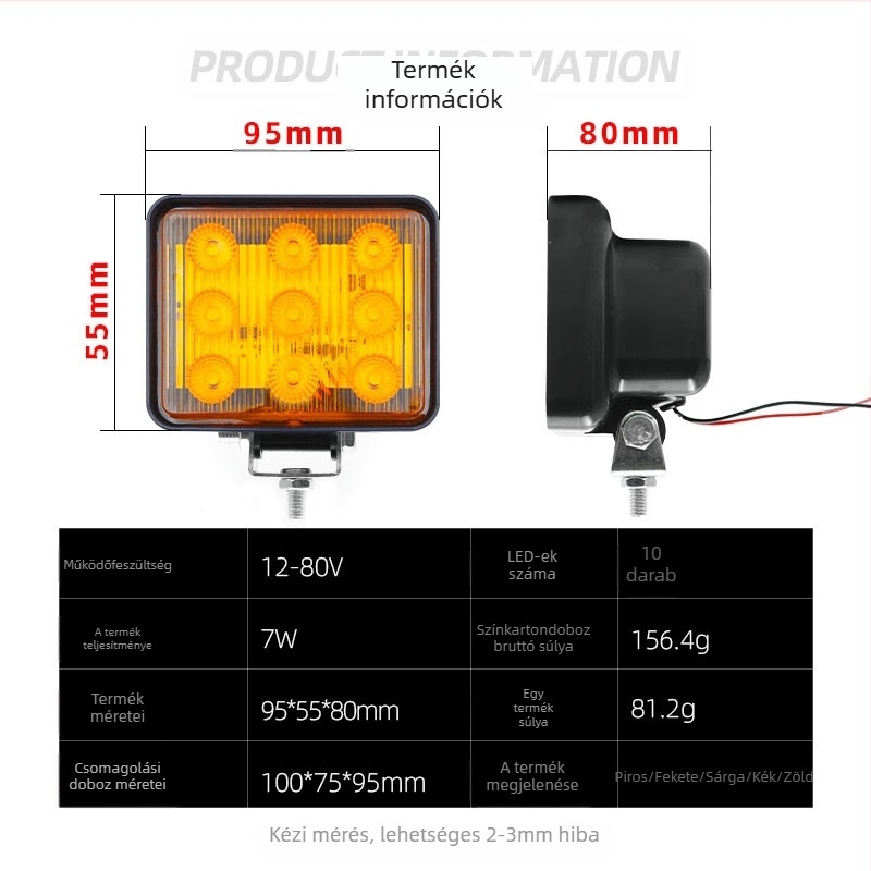 9-diódás LED figyelmeztető lámpa teherautókhoz, 12V, 7W, 0,6A, PC ház, vízálló