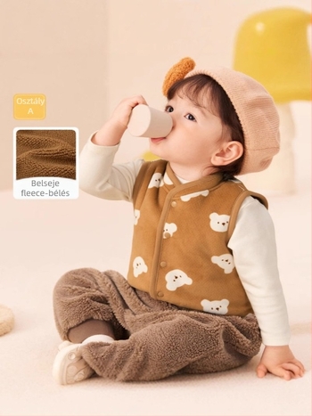 Uniszex gyerek mellény velúr anyagból fleece béléssel, 1–3 éveseknek, ősz, egyrészes zárás