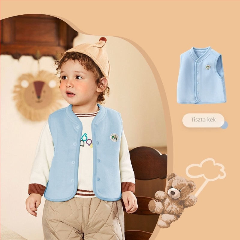Uniszex gyerek mellény velúr anyagból fleece béléssel, 1–3 éveseknek, ősz, egyrészes zárás