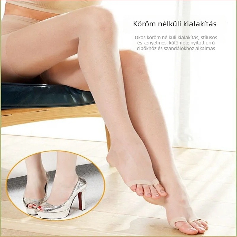Vékony nylon harisnya nyitott lábujjakkal és peep-toe dizájnnal, áttetsző harisnyanadrág térd feletti hosszban tavasz–nyárra, nők