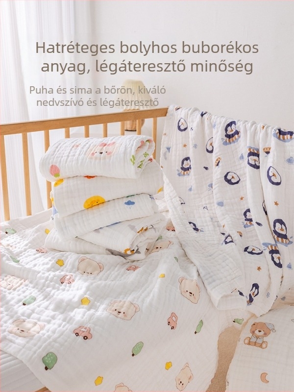 Újszülött babák számára fürdőlepedő – géz-pamut, mintás karikatúra, 0–1 éveseknek