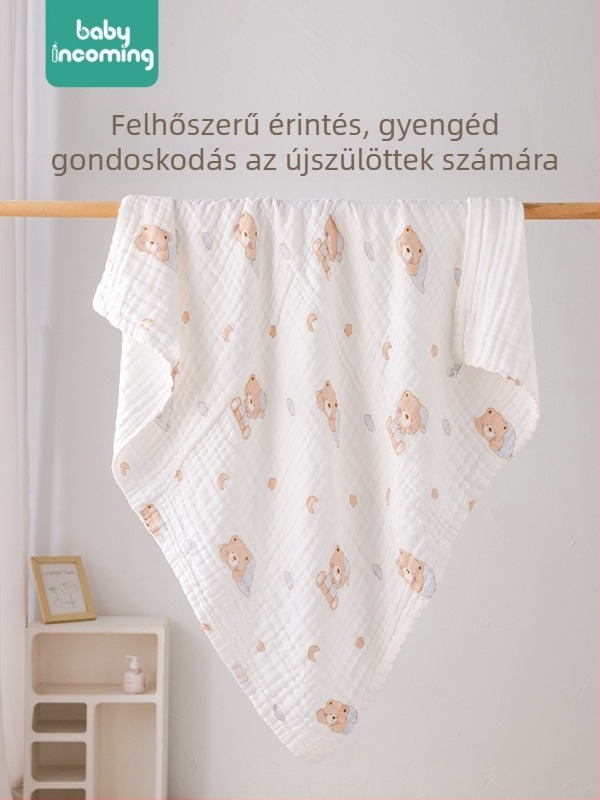 Újszülött babák számára fürdőlepedő – géz-pamut, mintás karikatúra, 0–1 éveseknek