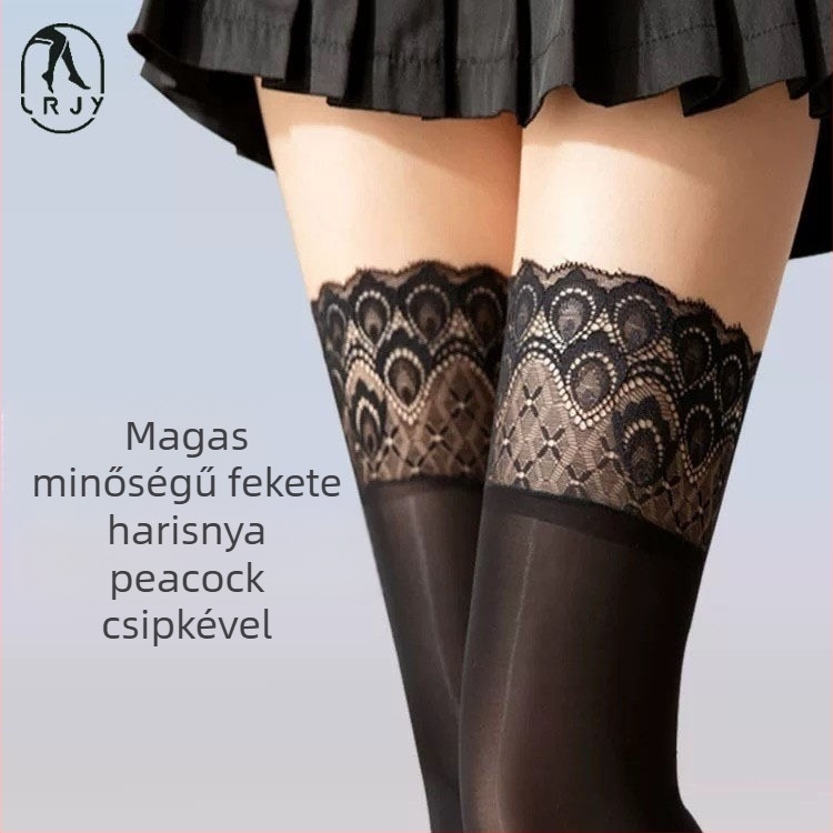 Térd feletti harisnya nylonból szilikon csúszásmentes résszel és páva farok mintájú csipkével, ultra vékony, egyszínű dizájn, 90–95% nylon összetétel