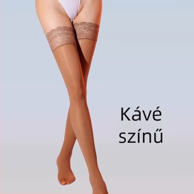 Térd feletti harisnya nylonból szilikon csúszásmentes résszel és páva farok mintájú csipkével, ultra vékony, egyszínű dizájn, 90–95% nylon összetétel