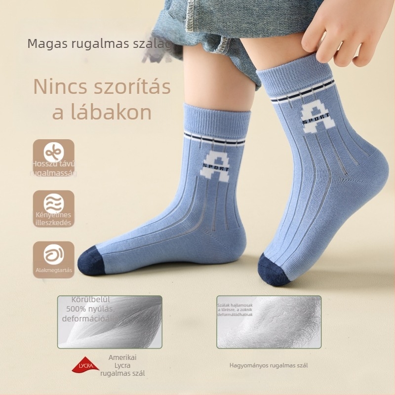 Gyerekeknek készült fiú zokni, 96% pamut, középmagas, tavasz–ősz, lélegző, mintázat csíkokkal és betűkkel