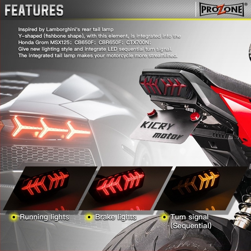 LED integrált hátsó lámpa Honda MSX125, GROM125, CB650F, CBR650, CTX700 – halcsont-stílusú