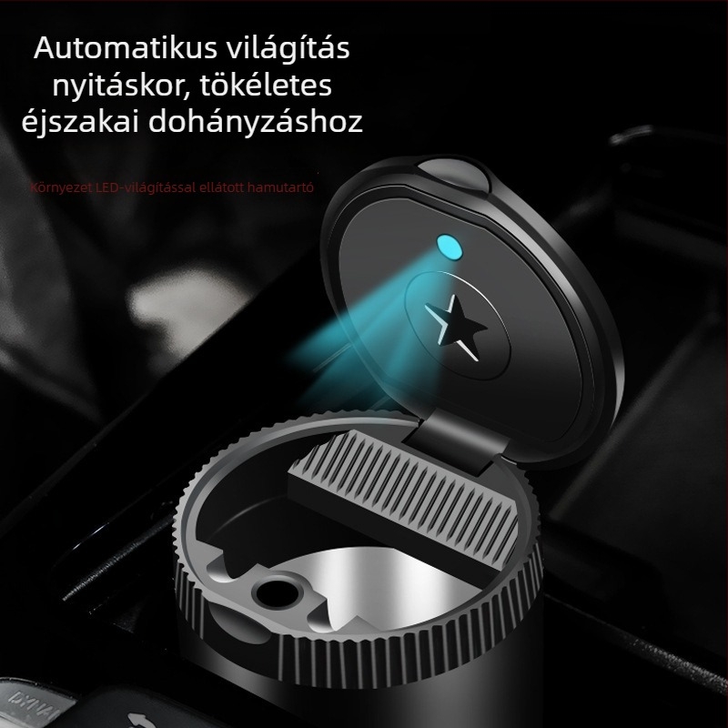 LED-es fémből készült autó hamutartó, kör alakú fedéllel, teljesen zárt, logó testreszabható