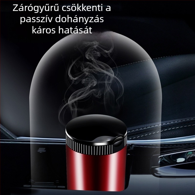 LED-es fémből készült autó hamutartó, kör alakú fedéllel, teljesen zárt, logó testreszabható