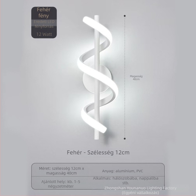 Spirál LED fali lámpa, alumínium test, PVC ernyő, 220V