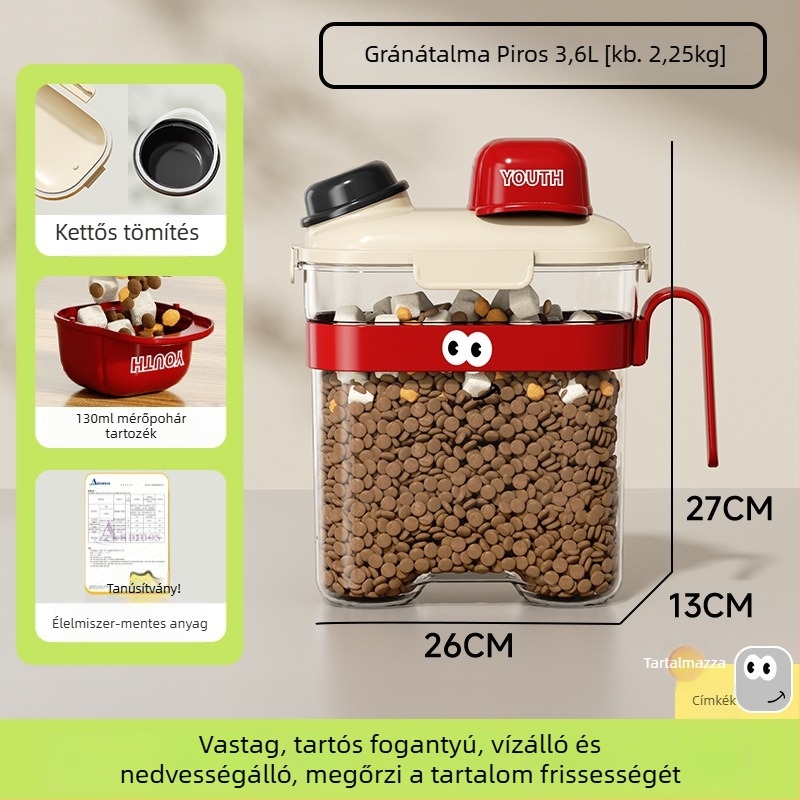 Háziállatok élelmezési tároló edény — zárható, nedvességálló műanyag, 1600 ml, macskák és kutyák számára