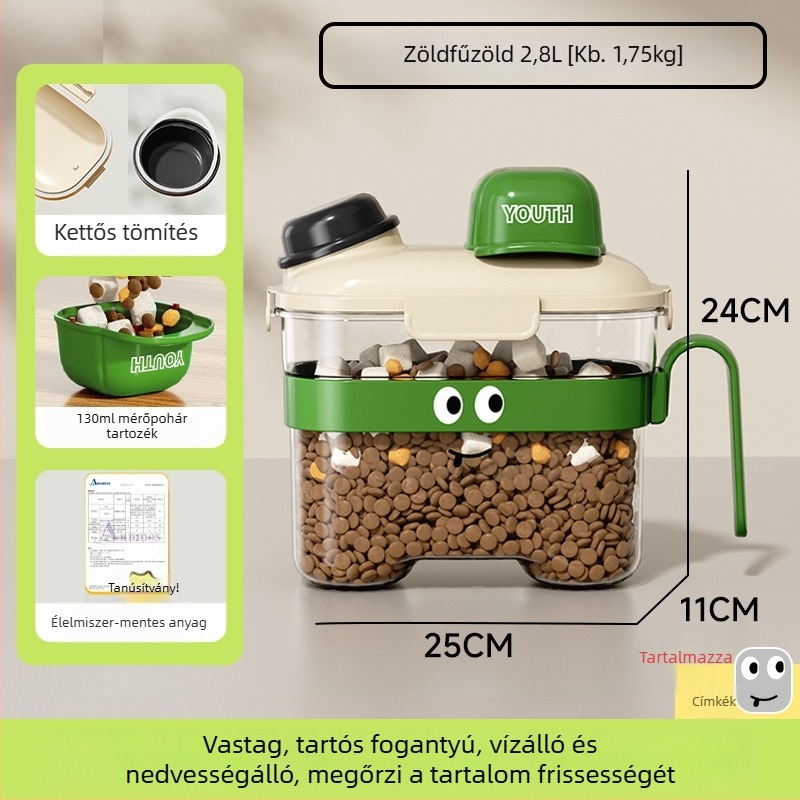 Háziállatok élelmezési tároló edény — zárható, nedvességálló műanyag, 1600 ml, macskák és kutyák számára