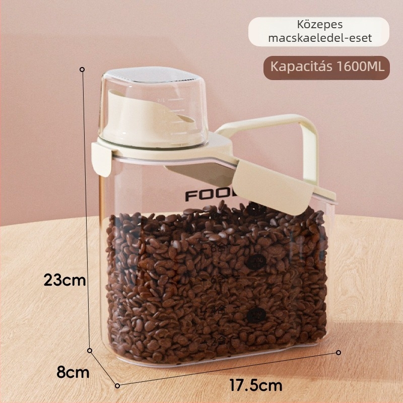 Háziállatok élelmezési tároló edény — zárható, nedvességálló műanyag, 1600 ml, macskák és kutyák számára