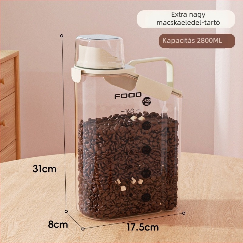 Háziállatok élelmezési tároló edény — zárható, nedvességálló műanyag, 1600 ml, macskák és kutyák számára