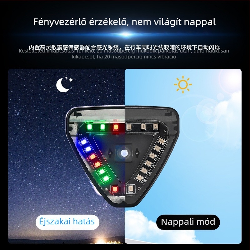 Vezeték nélküli napelemes navigációs fények autók és motorok számára LED stroboszkóppal a hátsó ütközés figyelmeztetésére — 5W, 12V, 0.5A, Modell: Solar Triangle Light, Anyag: ABS, Ragasztó rögzítés