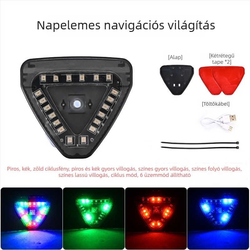 Vezeték nélküli napelemes navigációs fények autók és motorok számára LED stroboszkóppal a hátsó ütközés figyelmeztetésére — 5W, 12V, 0.5A, Modell: Solar Triangle Light, Anyag: ABS, Ragasztó rögzítés