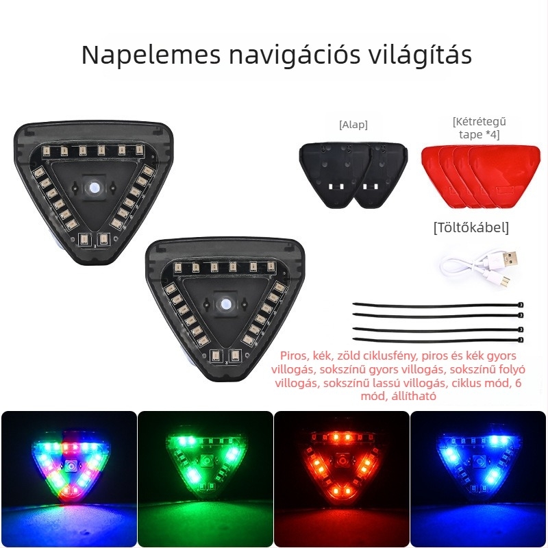Vezeték nélküli napelemes navigációs fények autók és motorok számára LED stroboszkóppal a hátsó ütközés figyelmeztetésére — 5W, 12V, 0.5A, Modell: Solar Triangle Light, Anyag: ABS, Ragasztó rögzítés