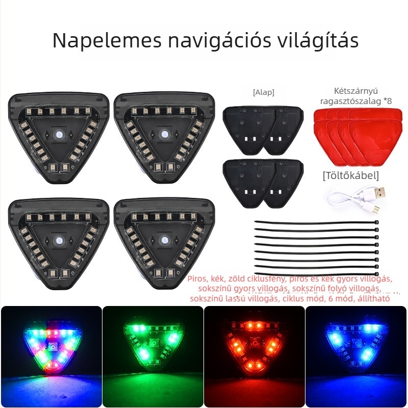 Vezeték nélküli napelemes navigációs fények autók és motorok számára LED stroboszkóppal a hátsó ütközés figyelmeztetésére — 5W, 12V, 0.5A, Modell: Solar Triangle Light, Anyag: ABS, Ragasztó rögzítés