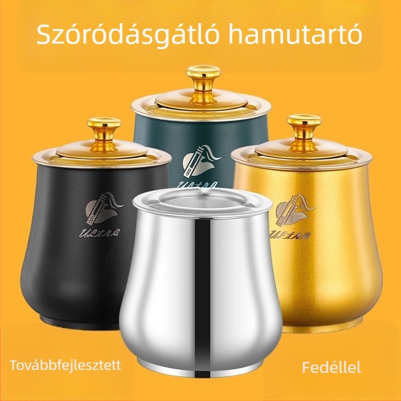 Rozsdamentes acélból készült hamutartó, dob alakú, extra vastag, cigaretta-tartóval, mély dizájn, szélálló, autóba szerelhető, hagyományos, mosható