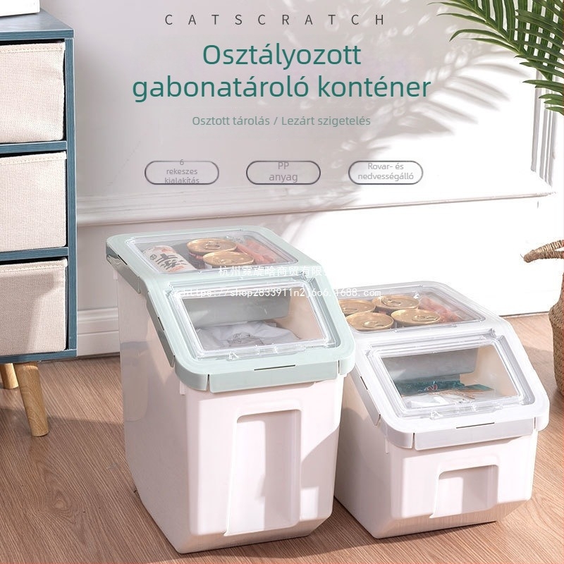 Nagy kapacitású macskaeledel tároló, zárható, nedvességálló tartály macska- és kutyaeledelhez