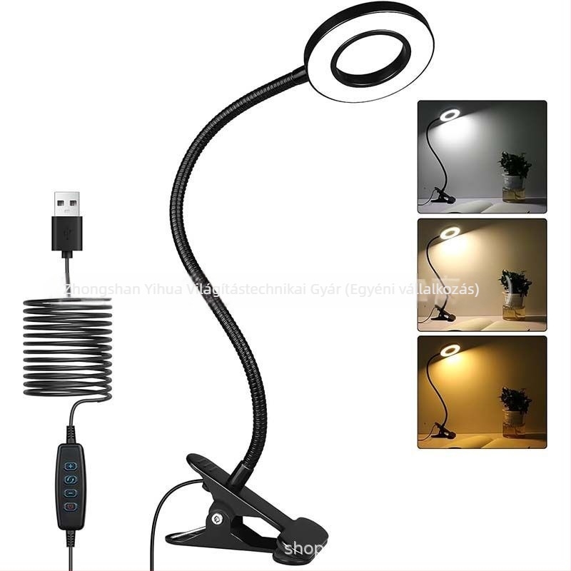 LED asztali lámpa csíptetővel, szemvédelem, USB-tápellátás, CRI ≥90, fémből készült árnyékoló, gombos kapcsoló, modern minimalista dizájn