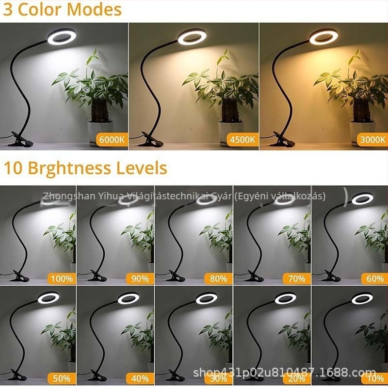 LED asztali lámpa csíptetővel, szemvédelem, USB-tápellátás, CRI ≥90, fémből készült árnyékoló, gombos kapcsoló, modern minimalista dizájn