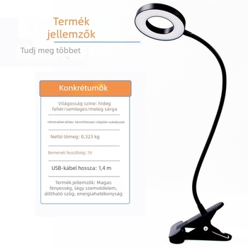 USB-s klipszes asztali lámpa, szemvédelem, hajlékony nyak, színhőmérséklet állítható 3000–6500K, 5–7W, CRI ≥90, intelligens vezérlés