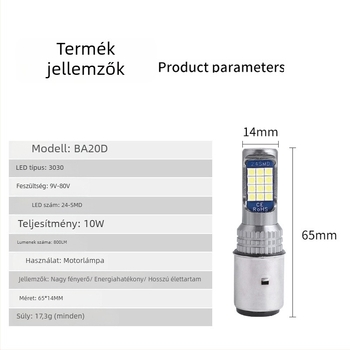 Motorkerékpár LED főfény – integrált távolsági és közelről világítás, LED 3030, 9–80V, 0.8A, 800 lm, élettartam 50000 h, alumínium ház