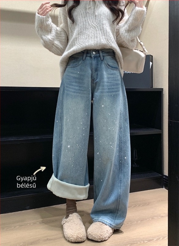 Női denim nadrág csillagos ég motívummal strasszokkal, fleece béléssel, vast, széles szárú, magas derék, laza egyenes szabás