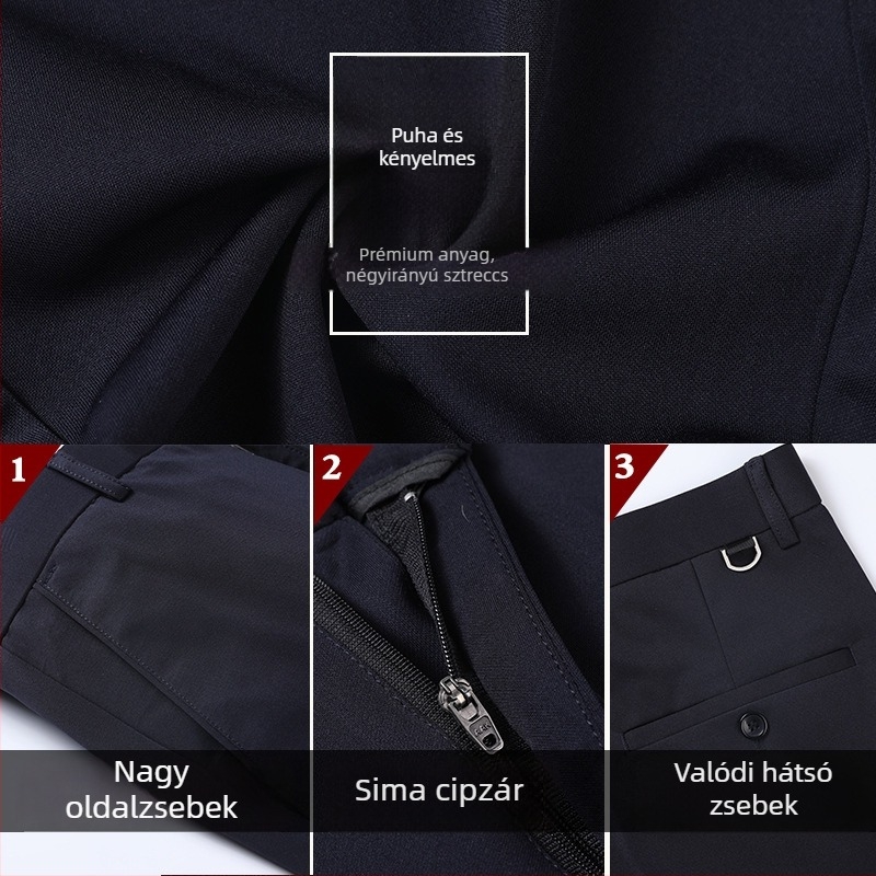 Férfi nyári-tavaszi nadrágok, rugalmas, egyenes szabású, vékony, üzleti casual stílusú, magas derék, cipzár, poliészter