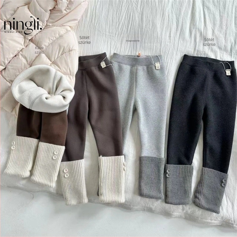 lányok fleece-bélelt leggings, középmagas derék, 95% pamut, téli stílus, Lemon