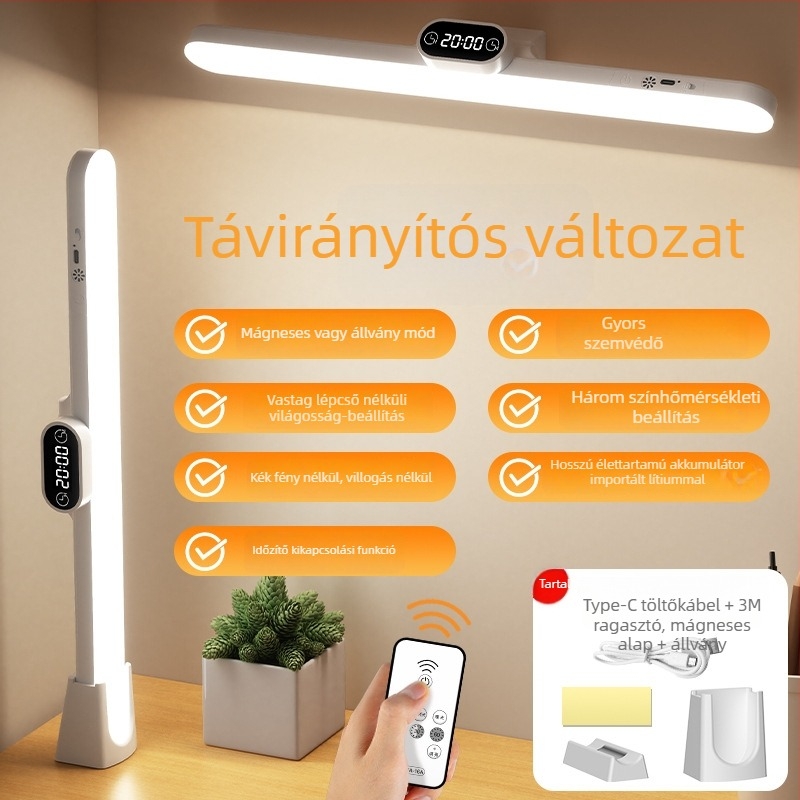 Ágy melletti LED lámpa órával és mágneses rögzítéssel, USB táplálású, távirányítóval, szemvédő, modern minimalista stílus
