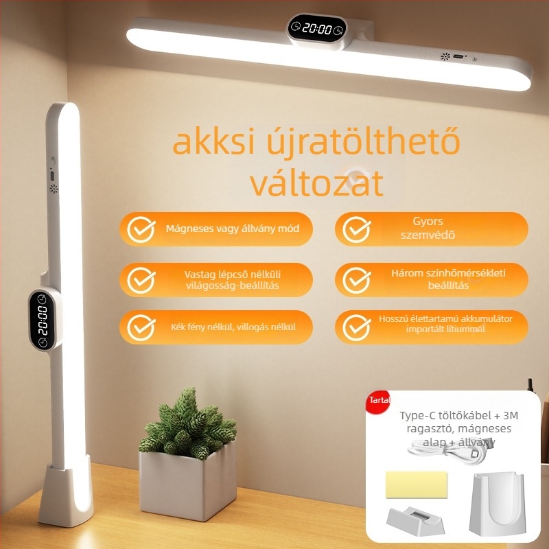 Ágy melletti LED lámpa órával és mágneses rögzítéssel, USB táplálású, távirányítóval, szemvédő, modern minimalista stílus